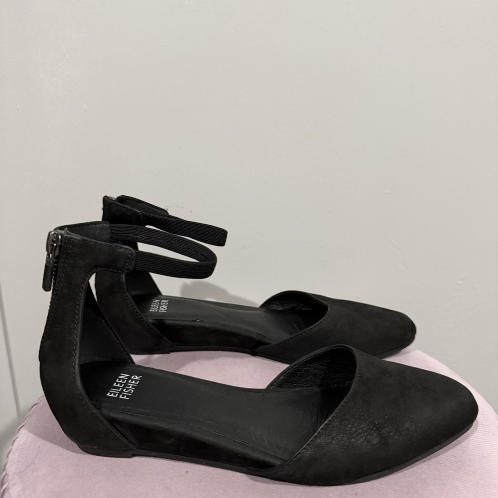 Eileen Fisher Womens 6.5 Black Suede Ankle Strap Back Zip d'Orsay Flats Shoes